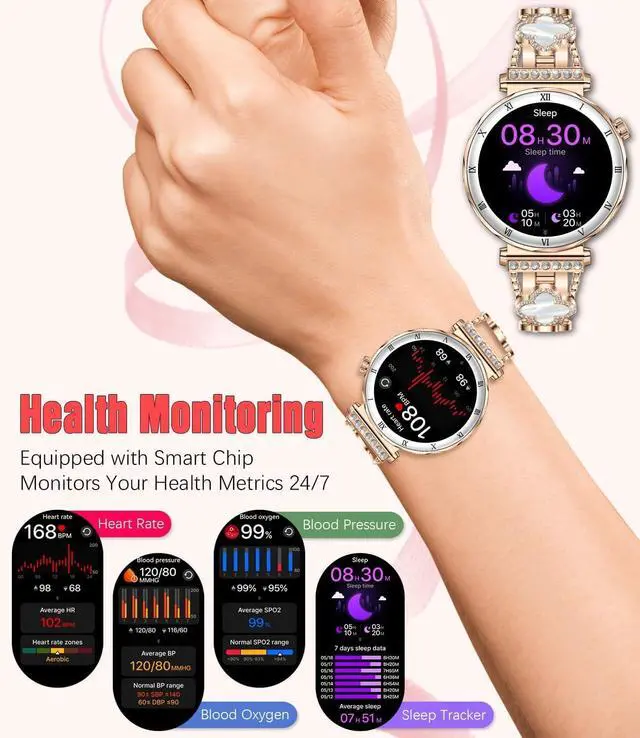 Alt view image 3 of 3 - Women's Smart Watch, 1.19" AMOLED Always-On Display Fitness Tracker with Bluetooth Call, Heart Rate Blood Pressure Sleep Monitor for Android & iOS, Rose Gold Diamond Band (Gold)