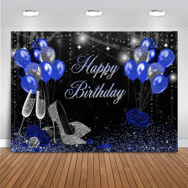 Main image of Happy Birthday Backdrop Blue and Silver 7x5ft | Glitter High Heels for Women Birthday Party Decorations, Sweet 16 21st 30th 40th 50th Birthday Photography Backrgound