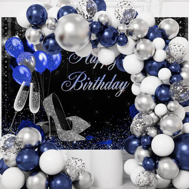 Alt view image 3 of 7 - Happy Birthday Backdrop Blue and Silver 7x5ft | Glitter High Heels for Women Birthday Party Decorations, Sweet 16 21st 30th 40th 50th Birthday Photography Backrgound
