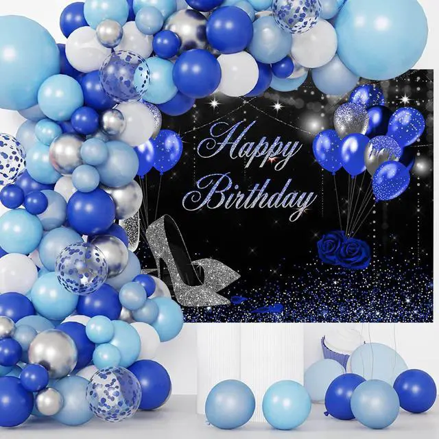 Alt view image 2 of 7 - Happy Birthday Backdrop Blue and Silver 7x5ft | Glitter High Heels for Women Birthday Party Decorations, Sweet 16 21st 30th 40th 50th Birthday Photography Backrgound
