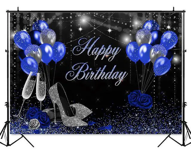 Alt view image 5 of 7 - Happy Birthday Backdrop Blue and Silver 7x5ft | Glitter High Heels for Women Birthday Party Decorations, Sweet 16 21st 30th 40th 50th Birthday Photography Backrgound