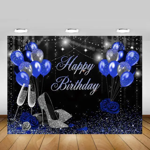 Alt view image 4 of 7 - Happy Birthday Backdrop Blue and Silver 7x5ft | Glitter High Heels for Women Birthday Party Decorations, Sweet 16 21st 30th 40th 50th Birthday Photography Backrgound