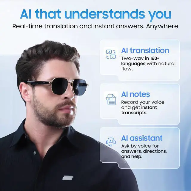 Alt view image 2 of 6 - AI Translator Smart Sunglasses, Open-Ear Bluetooth Audio for Calls & Music | Real-time AI interpreter & translator, open-ear speakers, auto on/off wear sensor, touch control, for men & women