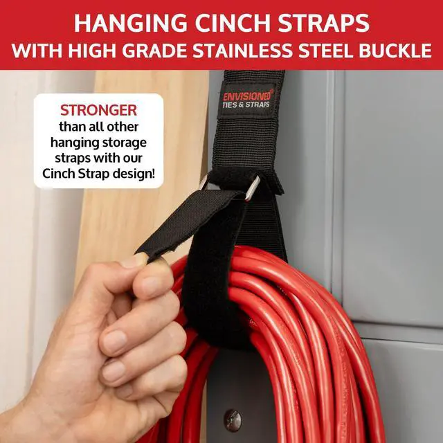 Alt view image 3 of 6 - Heavy Duty Hanging Storage Cinch Straps with Metal Buckle (4 Pack, 1.5" x 20") - Electrical Extension Cord & Garden Hose Holder, Cable Management, Storage Organizer in Garage, Workshop