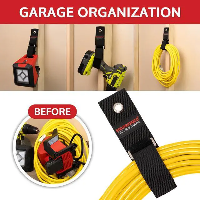 Alt view image 5 of 6 - Heavy Duty Hanging Storage Cinch Straps with Metal Buckle (4 Pack, 1.5" x 20") - Electrical Extension Cord & Garden Hose Holder, Cable Management, Storage Organizer in Garage, Workshop