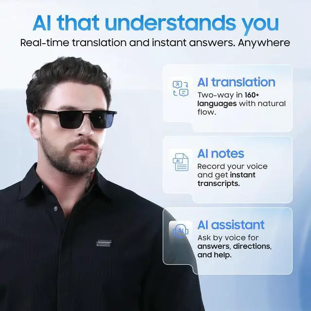 Alt view image 2 of 6 - AI Smart Glasses, Translator, Open-Ear Bluetooth, Aluminum Alloy Frame | Real-time AI interpreter & translator, open-ear speakers, auto on/off wear sensor, touch control, for men & women