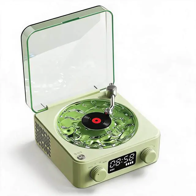 Main image of Bluetooth Speaker, Turntable Design with Water Wave Light and Clock, Green | ABS housing, radio, memory card up to 64GB, audio input, battery level display, 1500mAh battery, charging cable