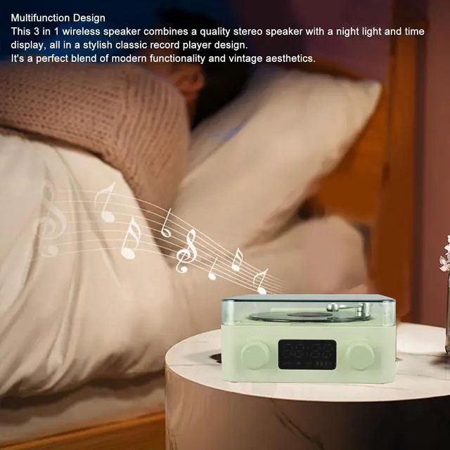 Alt view image 2 of 6 - Bluetooth Speaker, Turntable Design with Water Wave Light and Clock, Green | ABS housing, radio, memory card up to 64GB, audio input, battery level display, 1500mAh battery, charging cable