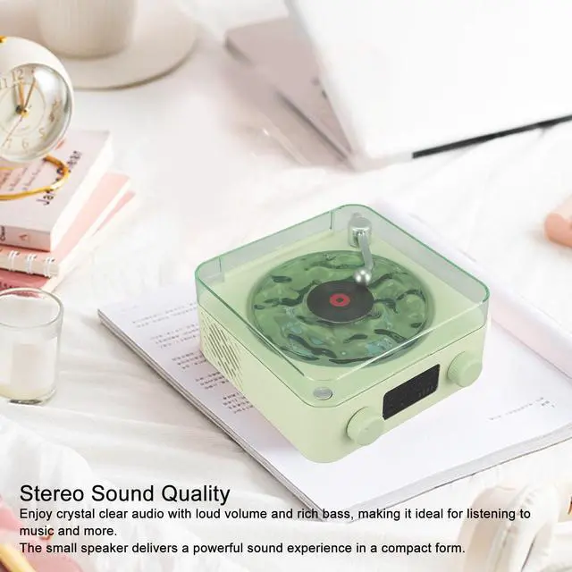 Alt view image 3 of 6 - Bluetooth Speaker, Turntable Design with Water Wave Light and Clock, Green | ABS housing, radio, memory card up to 64GB, audio input, battery level display, 1500mAh battery, charging cable