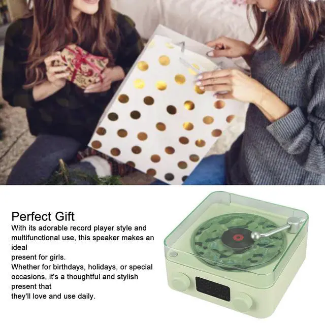 Alt view image 4 of 6 - Bluetooth Speaker, Turntable Design with Water Wave Light and Clock, Green | ABS housing, radio, memory card up to 64GB, audio input, battery level display, 1500mAh battery, charging cable