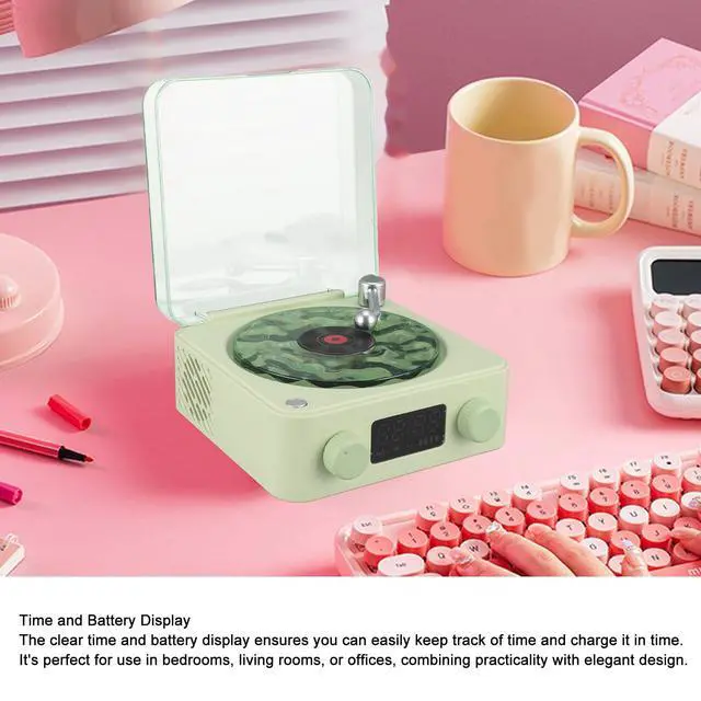 Alt view image 5 of 6 - Bluetooth Speaker, Turntable Design with Water Wave Light and Clock, Green | ABS housing, radio, memory card up to 64GB, audio input, battery level display, 1500mAh battery, charging cable