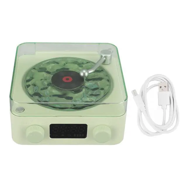 Alt view image 6 of 6 - Bluetooth Speaker, Turntable Design with Water Wave Light and Clock, Green | ABS housing, radio, memory card up to 64GB, audio input, battery level display, 1500mAh battery, charging cable