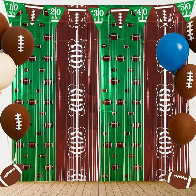 Main image of 2 Pack Football Party Decorations 3.3x6.6 ft Shiny Tinsel Backdrop Green and Brown Football Tinsel Foil Fringe Curtains Backdrop Photo Props for Sports Rugby Birthday Party Home Decorations