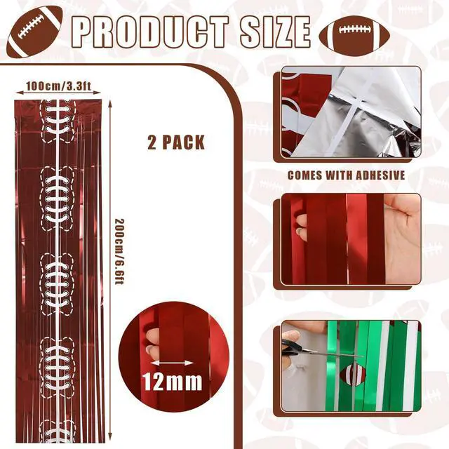 Alt view image 2 of 6 - 2 Pack Football Party Decorations 3.3x6.6 ft Shiny Tinsel Backdrop Green and Brown Football Tinsel Foil Fringe Curtains Backdrop Photo Props for Sports Rugby Birthday Party Home Decorations