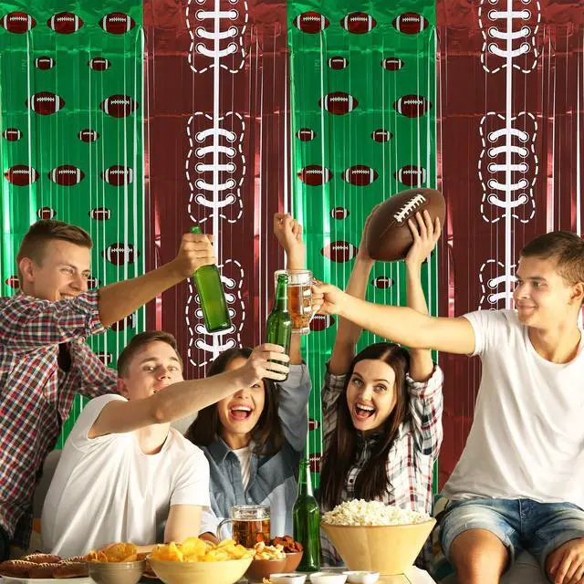 Alt view image 3 of 6 - 2 Pack Football Party Decorations 3.3x6.6 ft Shiny Tinsel Backdrop Green and Brown Football Tinsel Foil Fringe Curtains Backdrop Photo Props for Sports Rugby Birthday Party Home Decorations