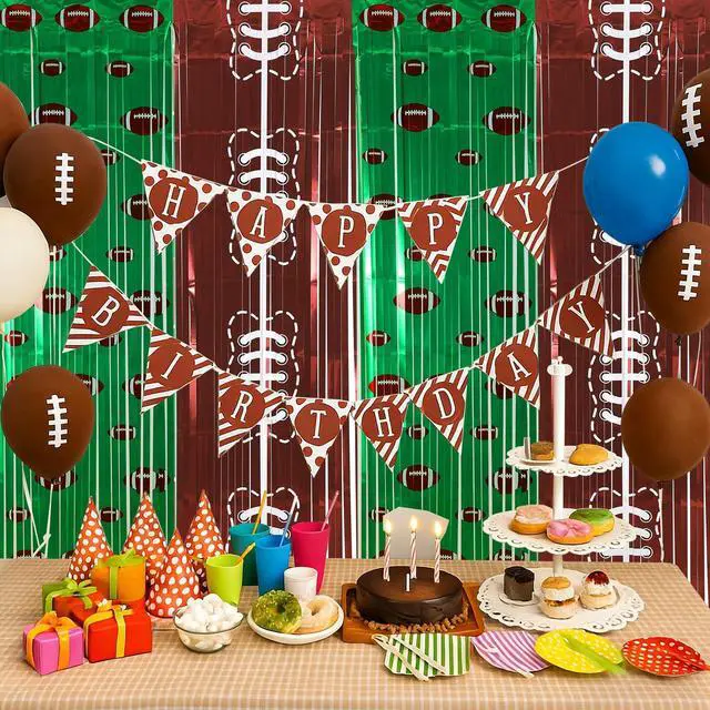Alt view image 5 of 6 - 2 Pack Football Party Decorations 3.3x6.6 ft Shiny Tinsel Backdrop Green and Brown Football Tinsel Foil Fringe Curtains Backdrop Photo Props for Sports Rugby Birthday Party Home Decorations