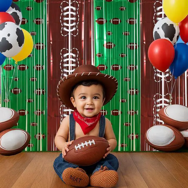 Alt view image 4 of 6 - 2 Pack Football Party Decorations 3.3x6.6 ft Shiny Tinsel Backdrop Green and Brown Football Tinsel Foil Fringe Curtains Backdrop Photo Props for Sports Rugby Birthday Party Home Decorations