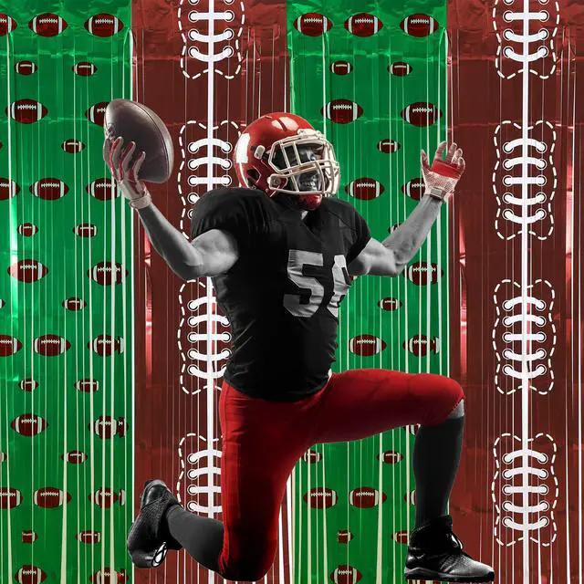 Alt view image 6 of 6 - 2 Pack Football Party Decorations 3.3x6.6 ft Shiny Tinsel Backdrop Green and Brown Football Tinsel Foil Fringe Curtains Backdrop Photo Props for Sports Rugby Birthday Party Home Decorations