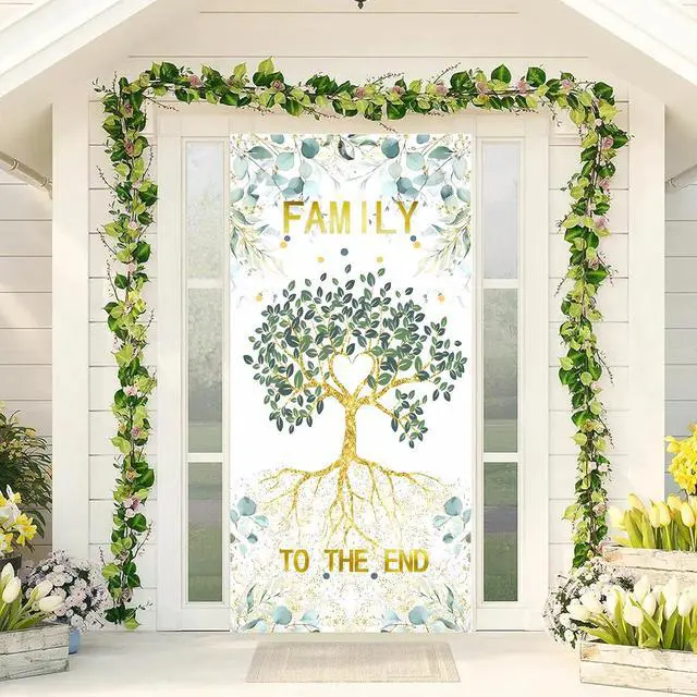 Main image of Family to The End Banner Backdrop - We Are Family Door Cover for Reunion, Housewarming, Adoption, Gathering - Porch Sign Photo Background Party Decorations
