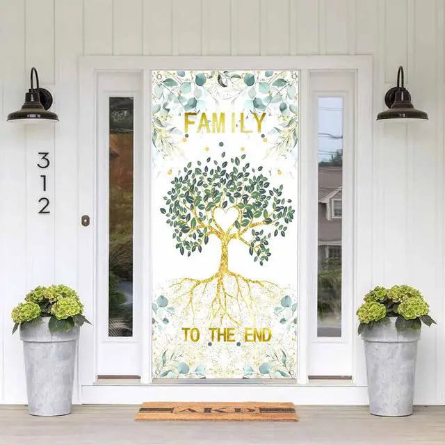 Alt view image 2 of 7 - Family to The End Banner Backdrop - We Are Family Door Cover for Reunion, Housewarming, Adoption, Gathering - Porch Sign Photo Background Party Decorations