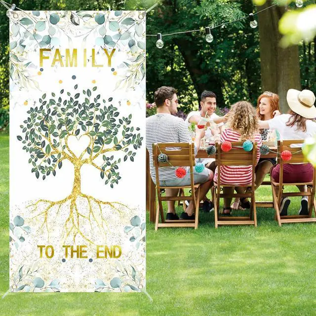 Alt view image 4 of 7 - Family to The End Banner Backdrop - We Are Family Door Cover for Reunion, Housewarming, Adoption, Gathering - Porch Sign Photo Background Party Decorations