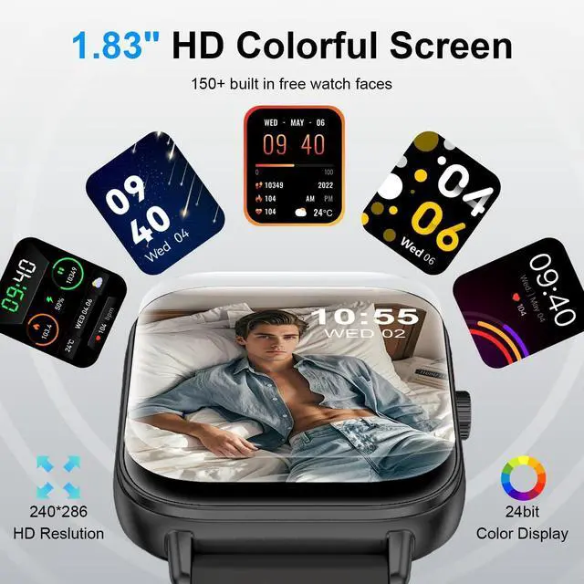 Alt view image 2 of 6 - Smart Watch for Men Women, 1.83'' HD Touchscreen Smartwatch with Bluetooth Call/Make Calls, Fitness Tracker with 150+ Sport Modes Heart Rate Sleep Monitor for iOS Android (Black)