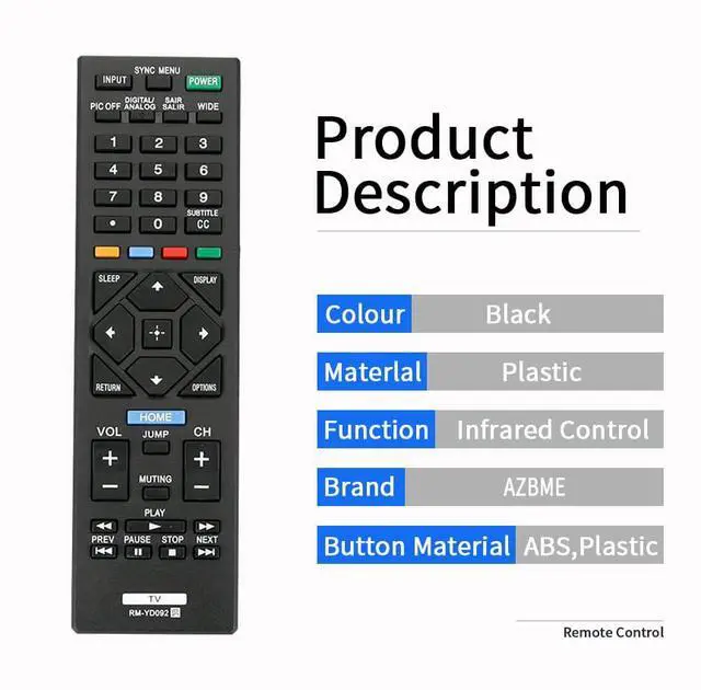 Alt view image 3 of 4 - RM-YD092 Replacement Remote Control for Sony LCD LED HDTV TV 32R400A KDL-32R300B KDL-32R300C KDL-40R450A KDL-46R453A KDL-46R450A KDL-46R453A KDL-46R471A KDL-48R470B KDL-50R450 KDL-32R330B KDL-32R420B