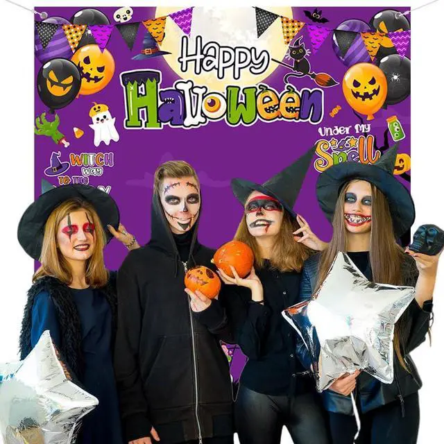 Alt view image 4 of 6 - Halloween Photo Backdrop Pumpkin Trick or Treat Photography Background Decorations Banner Purple Halloween Party Decorations Supplies Photo Studio Props 70.8 x 78.7inch