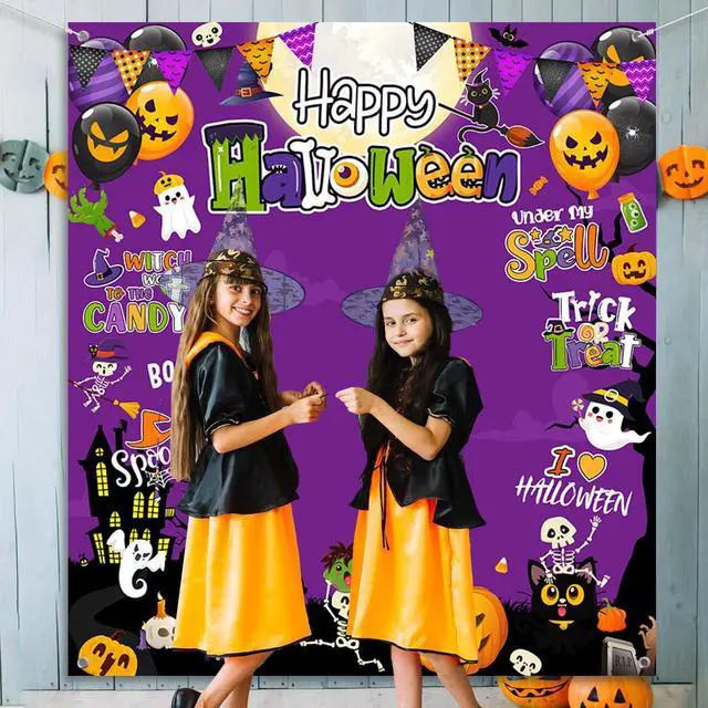 Alt view image 3 of 6 - Halloween Photo Backdrop Pumpkin Trick or Treat Photography Background Decorations Banner Purple Halloween Party Decorations Supplies Photo Studio Props 70.8 x 78.7inch