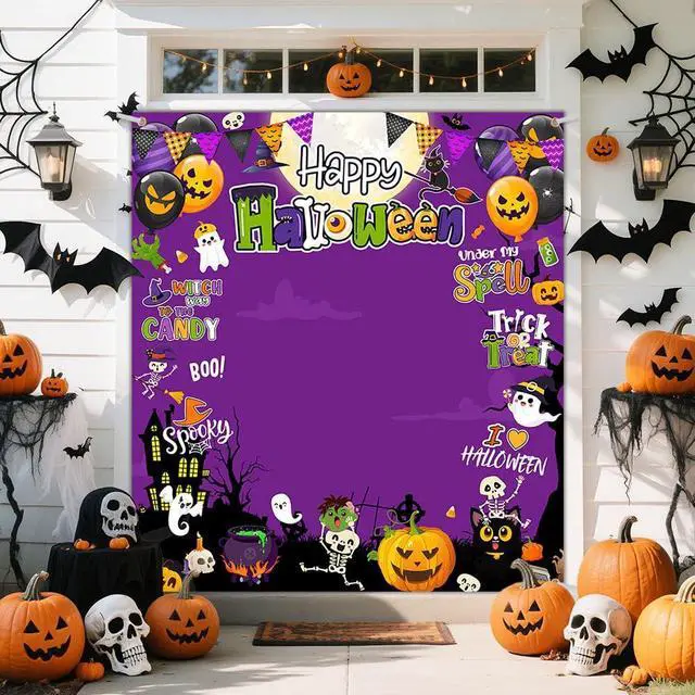 Alt view image 6 of 6 - Halloween Photo Backdrop Pumpkin Trick or Treat Photography Background Decorations Banner Purple Halloween Party Decorations Supplies Photo Studio Props 70.8 x 78.7inch