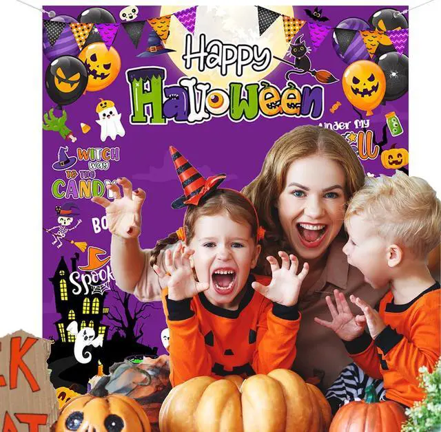Alt view image 5 of 6 - Halloween Photo Backdrop Pumpkin Trick or Treat Photography Background Decorations Banner Purple Halloween Party Decorations Supplies Photo Studio Props 70.8 x 78.7inch