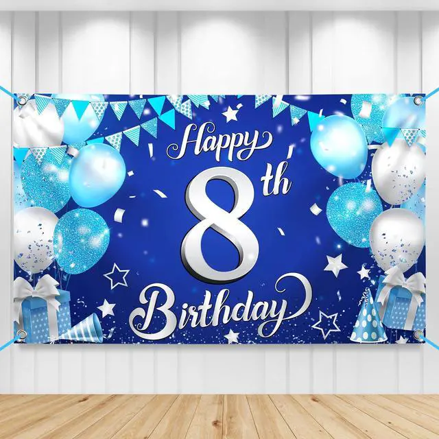 Main image of Silver and Blue Happy 8th Birthday Decorations Banner 72x44 Inch | 8th Backdrop for Happy Birthday Decorations | Blue and Silver Party Decorations, Under The Sea Party Decorations