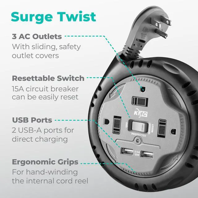 Alt view image 2 of 7 - 3-Outlet Surge Twist Cord Reel, 2 USB Ports, Retractable Power Strip Surge Protector, 735J Surge Protection, 5ft Retractable Extension Cord, 3-Prong Low-Profile Flat Plug, UL/ETL Certified, Gray