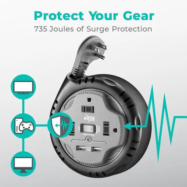 Alt view image 4 of 7 - 3-Outlet Surge Twist Cord Reel, 2 USB Ports, Retractable Power Strip Surge Protector, 735J Surge Protection, 5ft Retractable Extension Cord, 3-Prong Low-Profile Flat Plug, UL/ETL Certified, Gray