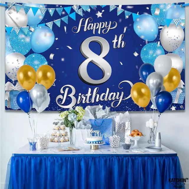 Alt view image 3 of 7 - Silver and Blue Happy 8th Birthday Decorations Banner 72x44 Inch | 8th Backdrop for Happy Birthday Decorations | Blue and Silver Party Decorations, Under The Sea Party Decorations