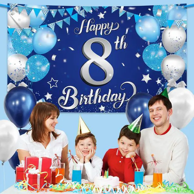 Alt view image 4 of 7 - Silver and Blue Happy 8th Birthday Decorations Banner 72x44 Inch | 8th Backdrop for Happy Birthday Decorations | Blue and Silver Party Decorations, Under The Sea Party Decorations