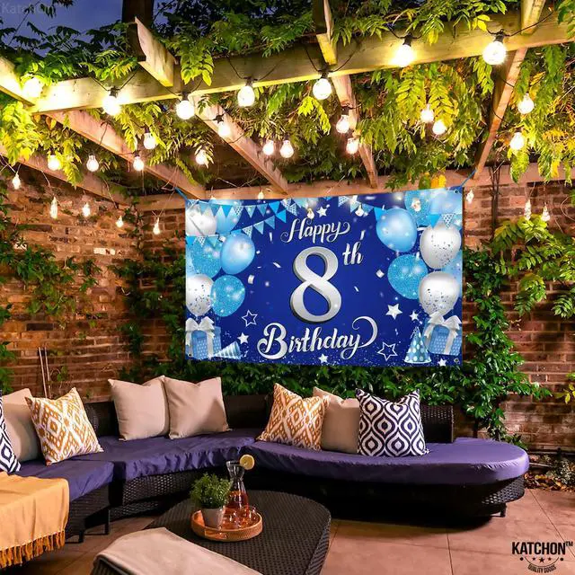 Alt view image 5 of 7 - Silver and Blue Happy 8th Birthday Decorations Banner 72x44 Inch | 8th Backdrop for Happy Birthday Decorations | Blue and Silver Party Decorations, Under The Sea Party Decorations