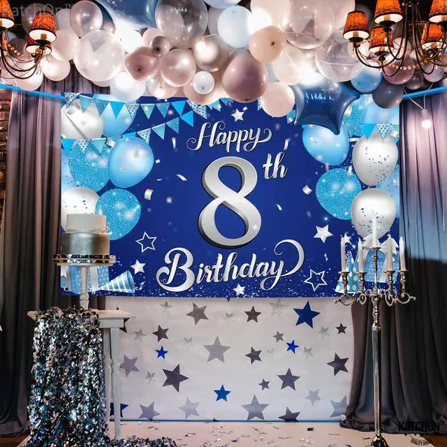 Alt view image 6 of 7 - Silver and Blue Happy 8th Birthday Decorations Banner 72x44 Inch | 8th Backdrop for Happy Birthday Decorations | Blue and Silver Party Decorations, Under The Sea Party Decorations