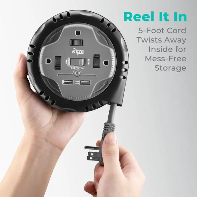 Alt view image 5 of 7 - 3-Outlet Surge Twist Cord Reel, 2 USB Ports, Retractable Power Strip Surge Protector, 735J Surge Protection, 5ft Retractable Extension Cord, 3-Prong Low-Profile Flat Plug, UL/ETL Certified, Gray