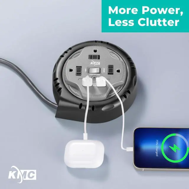 Alt view image 7 of 7 - 3-Outlet Surge Twist Cord Reel, 2 USB Ports, Retractable Power Strip Surge Protector, 735J Surge Protection, 5ft Retractable Extension Cord, 3-Prong Low-Profile Flat Plug, UL/ETL Certified, Gray