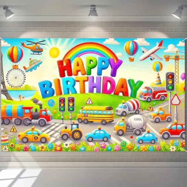 Alt view image 4 of 7 - Car Birthday Backdrop 70x43 Inch Transportation Party Decor | Transportation Birthday Decorations Truck Backdrop Boys Birthday Party Decorations Photography Supplies