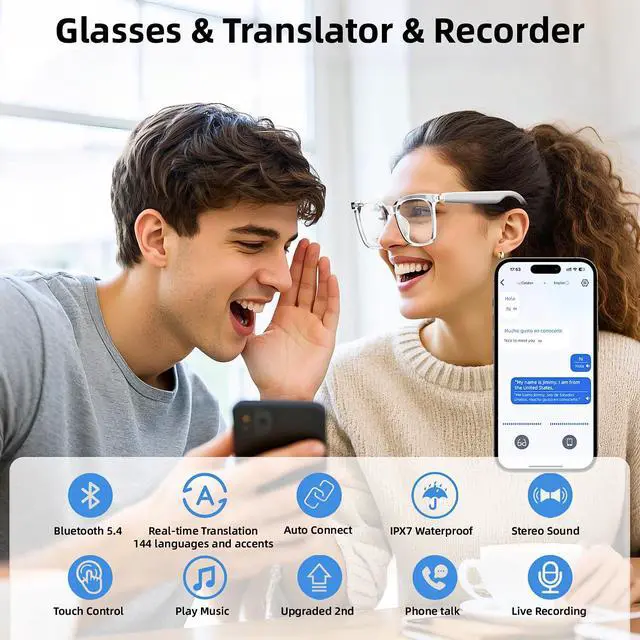 Alt view image 6 of 6 - Smart Glasses, Bluetooth Glasses for Men Women, UV Protection, Real Time Translation with 144+Languages, AI Glasses with Chat GPT Bluetooth 5.4 for Meeting Daily Use Travel Business
