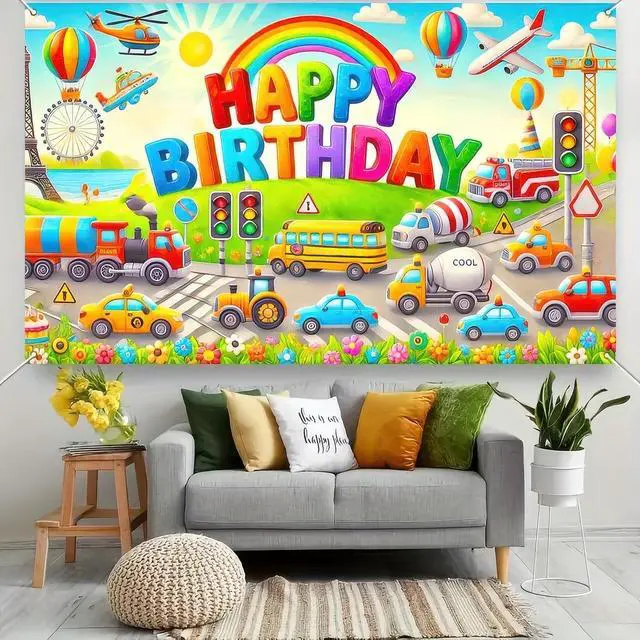 Alt view image 5 of 7 - Car Birthday Backdrop 70x43 Inch Transportation Party Decor | Transportation Birthday Decorations Truck Backdrop Boys Birthday Party Decorations Photography Supplies
