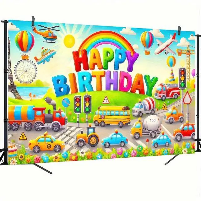 Alt view image 6 of 7 - Car Birthday Backdrop 70x43 Inch Transportation Party Decor | Transportation Birthday Decorations Truck Backdrop Boys Birthday Party Decorations Photography Supplies