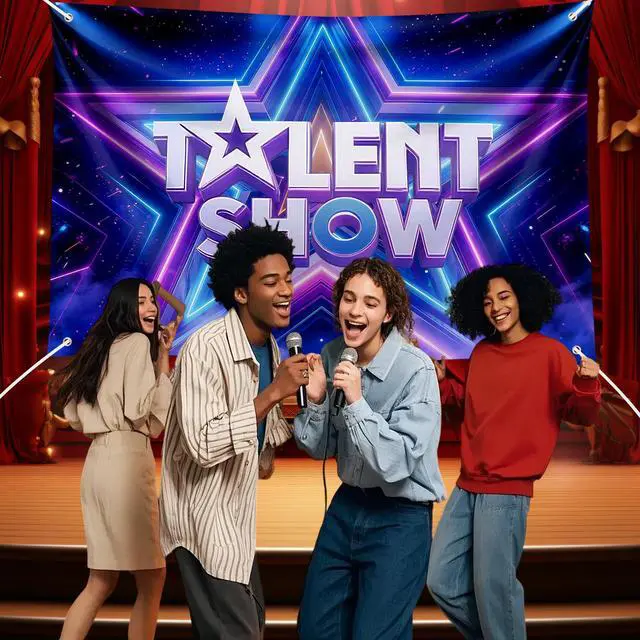 Alt view image 4 of 6 - Talent Show Backdrop Glow Spotlight Glitter Stars Stage Background for Kids Performance, Magic Shows, Birthday Party Decor, Photo Booth Props and Stage Decorations 72x43 Inch