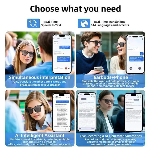 Alt view image 5 of 6 - Smart Glasses, Bluetooth Glasses for Men Women, UV Protection, Real Time Translation with 144+Languages, AI Glasses with Chat GPT Bluetooth 5.4 for Meeting Daily Use Travel Business