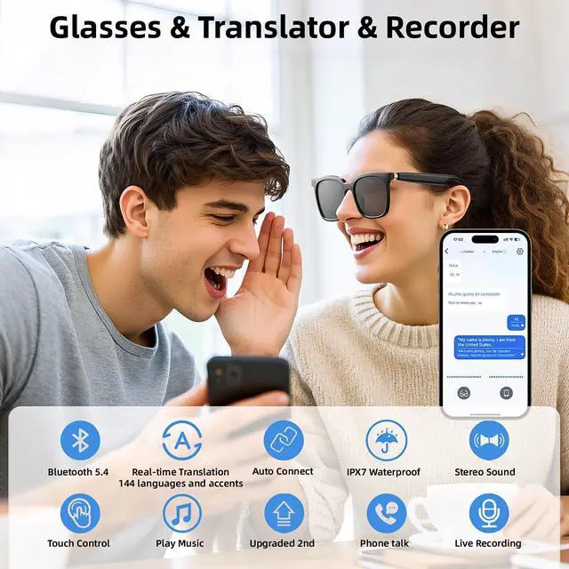 Alt view image 6 of 6 - Smart Glasses, Bluetooth Glasses for Men Women, UV Protection, Real Time Translation with 144+Languages, AI Glasses with Chat GPT Bluetooth 5.4 for Meeting Daily Use Travel Business
