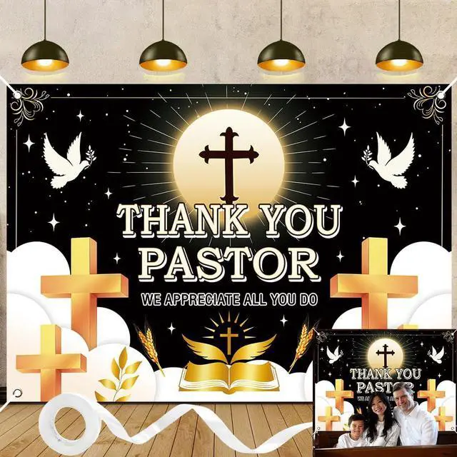 Main image of Thank You Pastor Backdrop Black Gold Cross Dove Religious Background Pastor Appreciation Day Banner Church Celebration Retirement Party Decorations Photo Booth Props 7x5FT