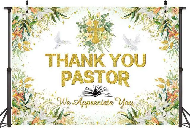 Alt view image 2 of 7 - Thank You Pastor Backdrop 8x6FT Greenery Pastor Appreciation Week Banner Background Bible Cross Appreciation Month Party Decorations Supplies Photo Props
