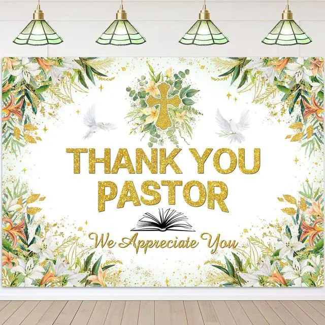 Main image of Thank You Pastor Backdrop 8x6FT Greenery Pastor Appreciation Week Banner Background Bible Cross Appreciation Month Party Decorations Supplies Photo Props